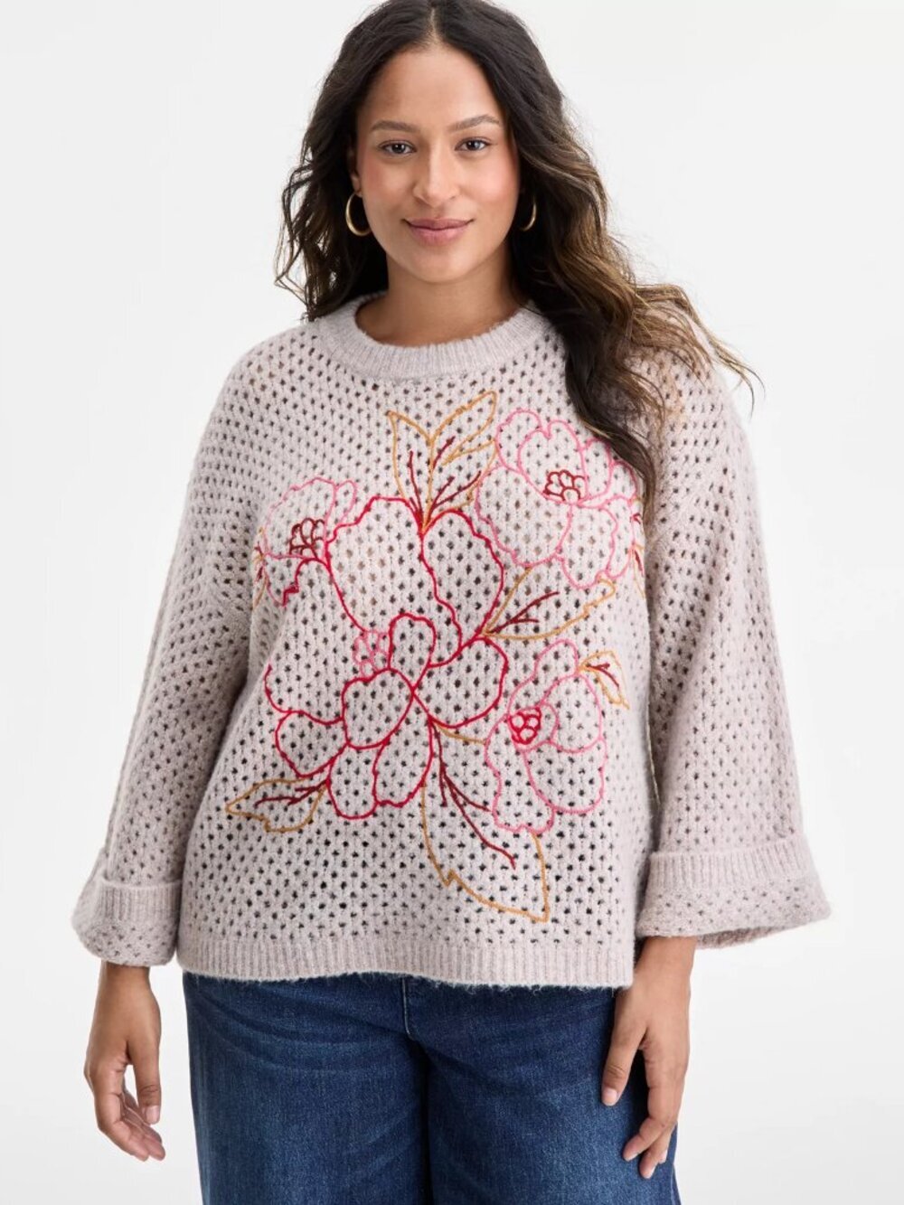 NWT New $84 Democracy 3/4 Sleeve Floral Embroidered Sweater Size 1X